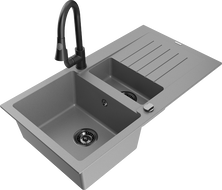 Mexen Matias 1.5-compartment granite sink with a drip tray and kitchen mixer tap Elia, Grey - 6502-71-670101-70-B