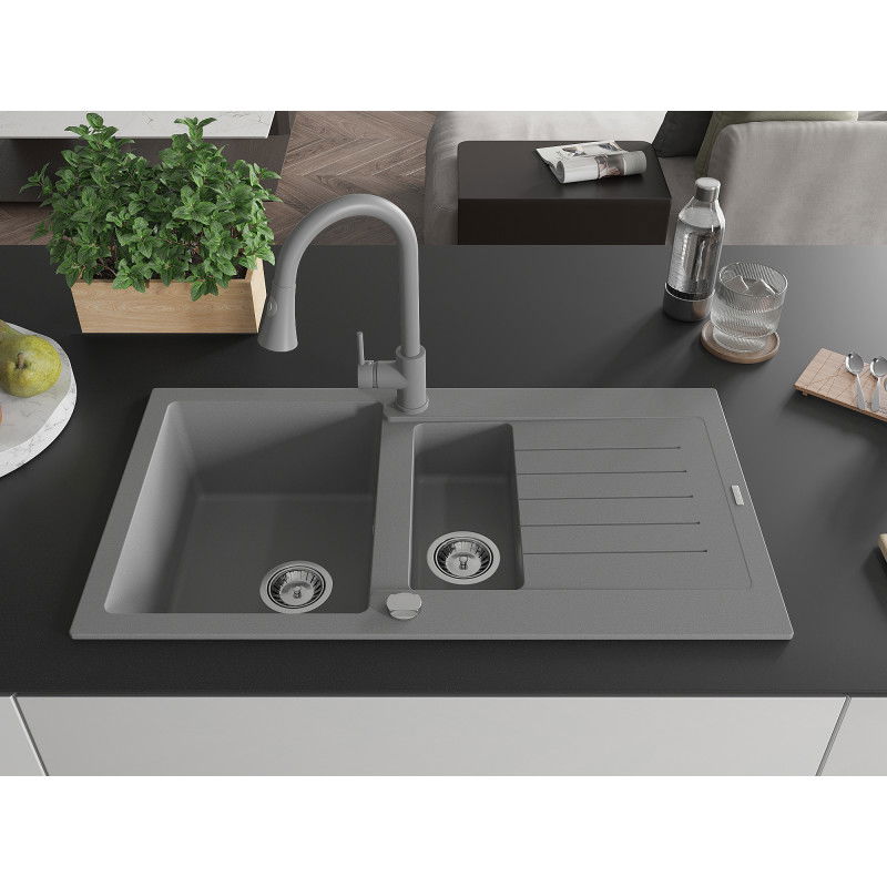 Mexen Matias Granite Sink 1.5-bowl with Drainer and Elia Kitchen Tap, Grey - 6502-71-670101-71