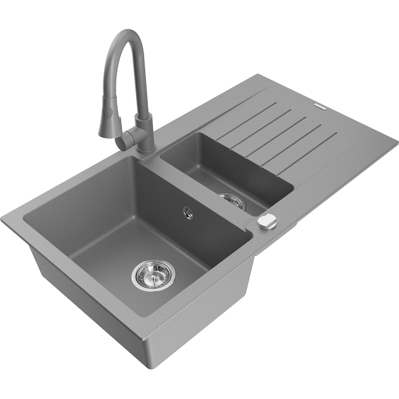 Mexen Matias 1.5-compartment granite sink with a drip tray and kitchen mixer tap Elia, Grey - 6502-71-670101-71