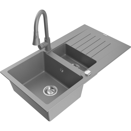 Mexen Matias Granite Sink 1.5-bowl with Drainer and Elia Kitchen Tap, Grey - 6502-71-670101-71