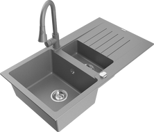 Mexen Matias Granite Sink 1.5-bowl with Drainer and Elia Kitchen Tap, Grey - 6502-71-670101-71