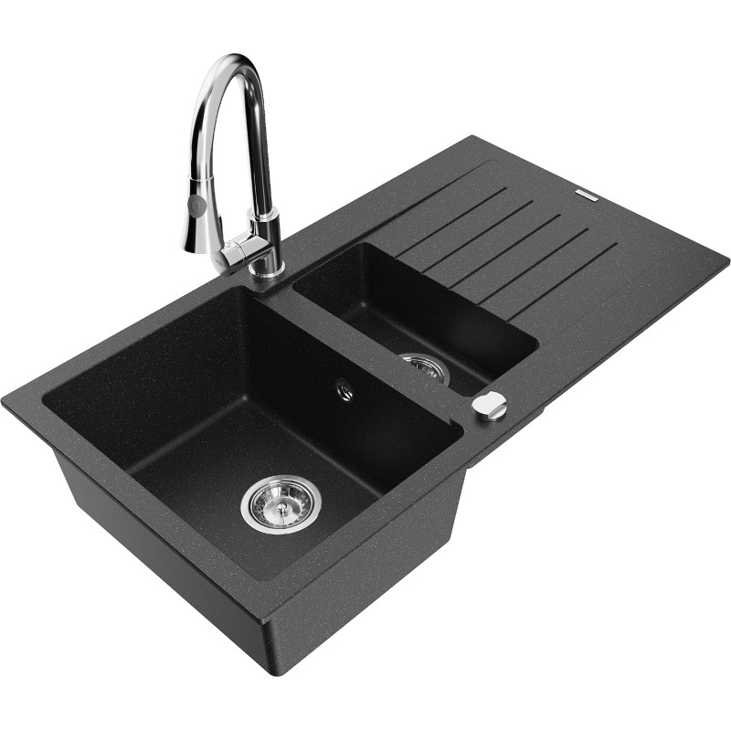 Mexen Matias 1.5-Bowl Granite Sink with Drainer and Elia Kitchen Faucet, Black/Silver Metallic - 6502-73-670101-00