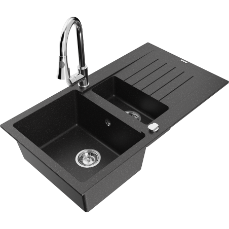 Mexen Matias 1.5-Bowl Granite Sink with Drainer and Elia Kitchen Faucet, Black/Silver Metallic - 6502-73-670101-00