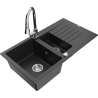 Mexen Matias 1.5-compartment granite sink with a drip tray and kitchen mixer tap Elia, Black/Silver metallic - 6502-73-670101-00