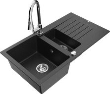 Mexen Matias granite sink 1.5-bowl with drainer and kitchen faucet Elia, black/silver metallic - 6502-73-670101-00