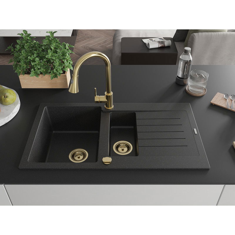 Mexen Matias granite sink 1.5-bowl with drainer and Elia kitchen tap, black/silver metallic - 6502-73-670101-50