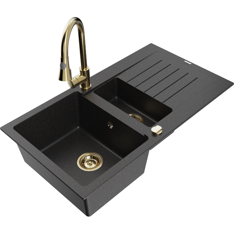 Mexen Matias 1.5-compartment granite sink with a drip tray and kitchen mixer tap Elia, Black/Silver metallic - 6502-73-670101-50