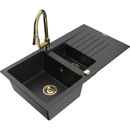 Mexen Matias granite sink 1.5-bowl with drainer and Elia kitchen faucet, black/silver metallic - 6502-73-670101-50