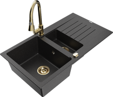 Mexen Matias granite sink 1.5-bowl with drainer and Elia kitchen faucet, black/silver metallic - 6502-73-670101-50