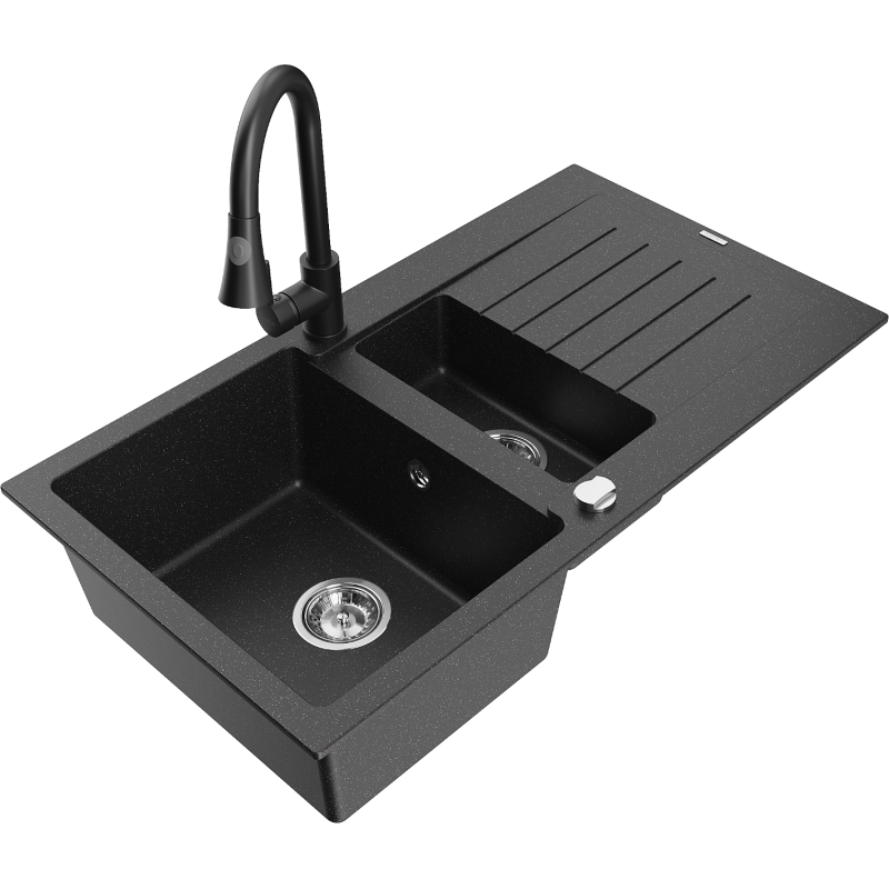 Mexen Matias 1.5-compartment granite sink with a drip tray and kitchen mixer tap Elia, Black/Silver metallic - 6502-73-670101-70