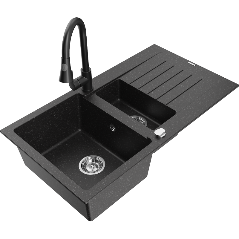 Mexen Matias granite sink 1.5-bowl with drainer and Elia kitchen tap, black/silver metallic - 6502-73-670101-70