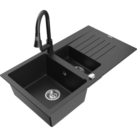 Mexen Matias granite sink 1.5-bowl with drainer and Elia kitchen faucet, black/silver metallic - 6502-73-670101-70