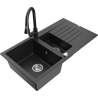 Mexen Matias 1.5-compartment granite sink with a drip tray and kitchen mixer tap Elia, Black/Silver metallic - 6502-73-670101-70