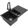 Mexen Matias granite sink 1.5-bowl with drainer and Elia kitchen tap, black/silver metallic - 6502-73-670101-70