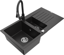Mexen Matias 1.5-compartment granite sink with a drip tray and kitchen mixer tap Elia, Black/Silver metallic - 6502-73-670101-70