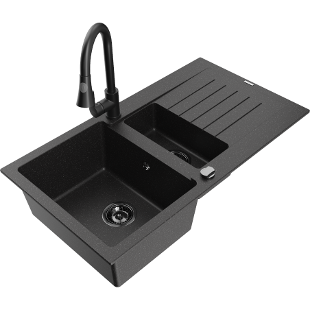 Mexen Matias granite sink 1.5-bowl with drainer and Elia kitchen tap, black/silver - 6502-73-670101-70-B