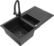 Mexen Matias granite sink 1.5-bowl with drainer and Elia kitchen tap, black/silver - 6502-73-670101-70-B
