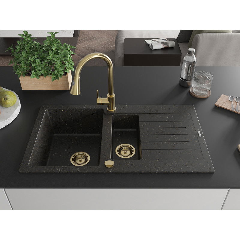 Mexen Matias granite sink with 1.5 bowls, drainer and Elia kitchen tap, black/gold metallic - 6502-75-670101-50
