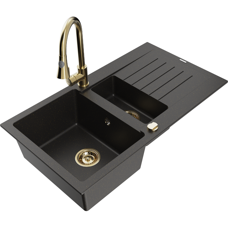 Mexen Matias 1.5-compartment granite sink with a drip tray and kitchen mixer tap Elia, Black/Gold metallic - 6502-75-670101-50