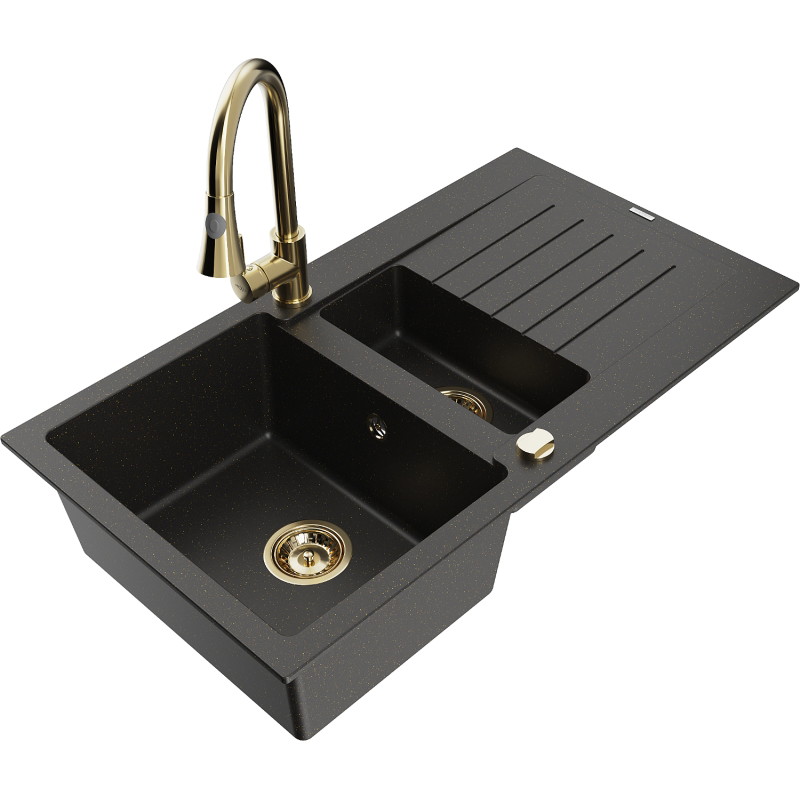 Mexen Matias granite sink 1.5-bowl with drainer and Elia kitchen faucet, black/golden metallic - 6502-75-670101-50