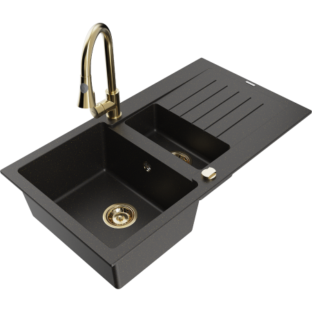 Mexen Matias granite sink 1.5-bowl with drainer and Elia kitchen faucet, black/golden metallic - 6502-75-670101-50