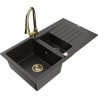 Mexen Matias granite sink 1.5-bowl with drainer and Elia kitchen faucet, black/gold metallic - 6502-75-670101-50
