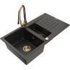 Mexen Matias granite sink 1.5-bowl with drainer and Elia kitchen faucet, black/golden metallic - 6502-75-670101-50
