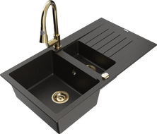 Mexen Matias granite sink 1.5-bowl with drainer and Elia kitchen faucet, black/gold metallic - 6502-75-670101-50
