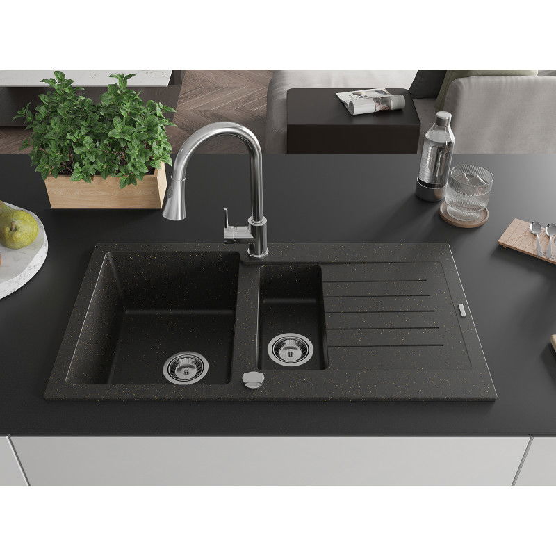 Mexen Matias 1.5-bowl granite sink with drainer and Elia kitchen tap, black/gold metallic - 6502-75-670101-00
