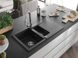 Mexen Matias granite sink 1.5-bowl with drainer and Elia kitchen faucet, black/gold metallic - 6502-75-670101-00
