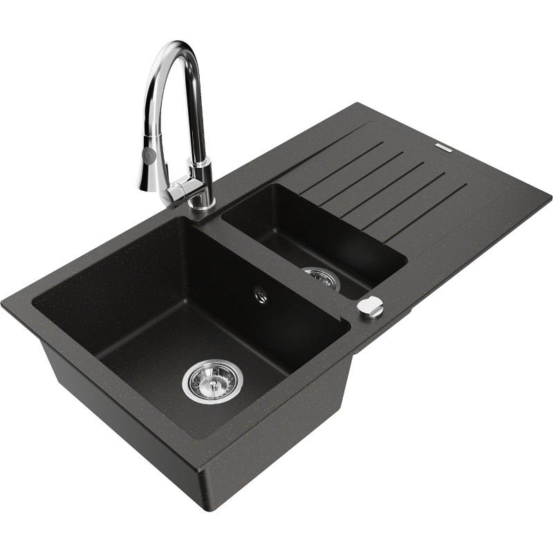 Mexen Matias 1.5-compartment granite sink with a drip tray and kitchen mixer tap Elia, Black/Gold metallic - 6502-75-670101-00