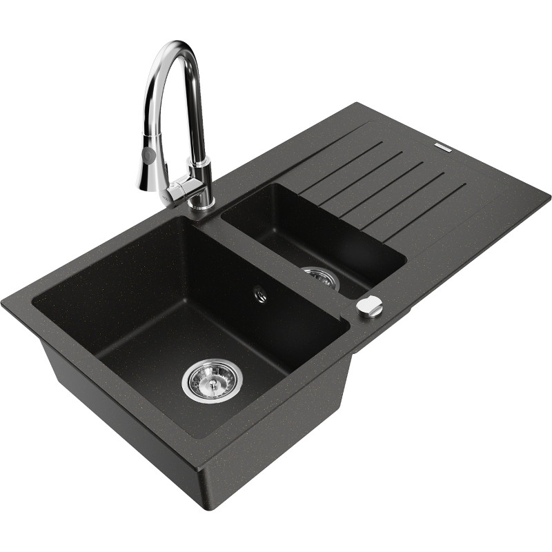 Mexen Matias granite sink 1.5-bowl with drainer and Elia kitchen faucet, black/gold metallic - 6502-75-670101-00