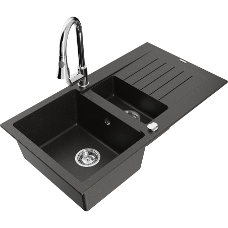 Mexen Matias 1.5-bowl granite sink with drainer and Elia kitchen tap, black/gold metallic - 6502-75-670101-00
