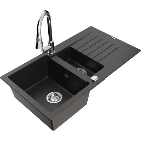 Mexen Matias granite sink 1.5-bowl with drainer and Elia kitchen faucet, black/gold metallic - 6502-75-670101-00