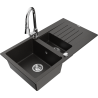 Mexen Matias 1.5-bowl granite sink with drainer and Elia kitchen tap, black/gold metallic - 6502-75-670101-00