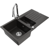 Mexen Matias 1.5-compartment granite sink with a drip tray and kitchen mixer tap Elia, Black/Gold metallic - 6502-75-670101-00