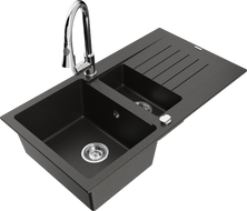 Mexen Matias 1.5-bowl granite sink with drainer and Elia kitchen faucet, black/gold metallic - 6502-75-670101-00