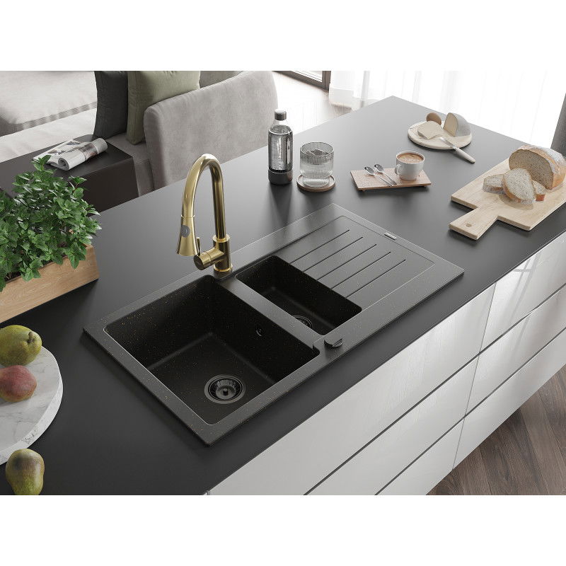 Mexen Matias granite sink 1.5-bowl with drainer and Elia kitchen tap, black/gold metallic - 6502-75-670101-50-B