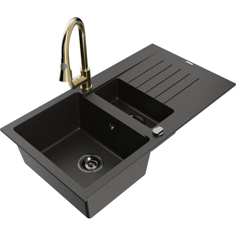 Mexen Matias granite sink 1.5-bowl with drainer and Elia kitchen faucet, black/gold metallic - 6502-75-670101-50-B