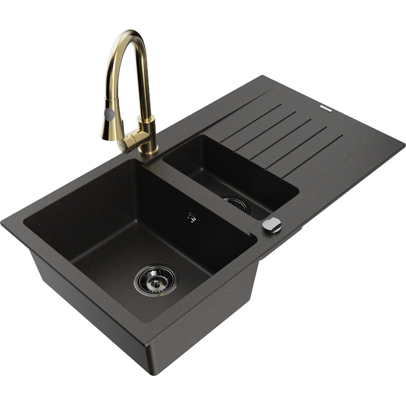 Mexen Matias granite sink 1.5-bowl with drainer and Elia kitchen tap, black/gold metallic - 6502-75-670101-50-B