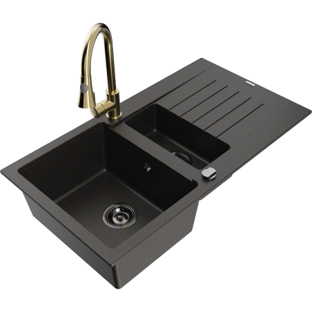 Mexen Matias granite sink 1.5-bowl with drainer and Elia kitchen faucet, black/gold metallic - 6502-75-670101-50-B