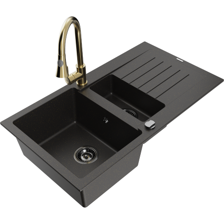 Mexen Matias granite sink 1.5-bowl with drainer and Elia kitchen tap, black/gold metallic - 6502-75-670101-50-B