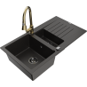 Mexen Matias granite sink 1.5-bowl with drainer and Elia kitchen faucet, black/gold metallic - 6502-75-670101-50-B