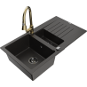 Mexen Matias granite sink 1.5-bowl with drainer and Elia kitchen tap, black/gold metallic - 6502-75-670101-50-B