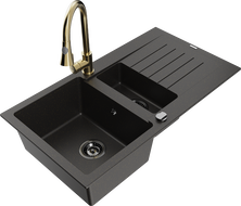 Mexen Matias granite sink 1.5-bowl with drainer and Elia kitchen faucet, black/gold metallic - 6502-75-670101-50-B