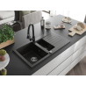Mexen Matias granite sink 1.5-bowl with drainer and kitchen faucet Elia, black/gold metallic - 6502-75-670101-70