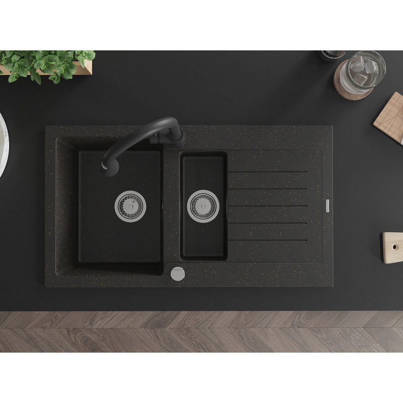 Mexen Matias granite sink 1.5-bowl with drainer and Elia kitchen tap, black/gold metallic - 6502-75-670101-70
