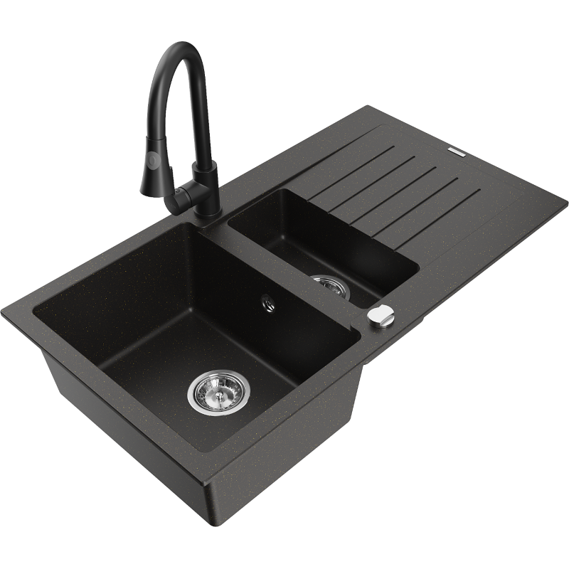 Mexen Matias 1.5-compartment granite sink with a drip tray and kitchen mixer tap Elia, Black/Gold metallic - 6502-75-670101-70