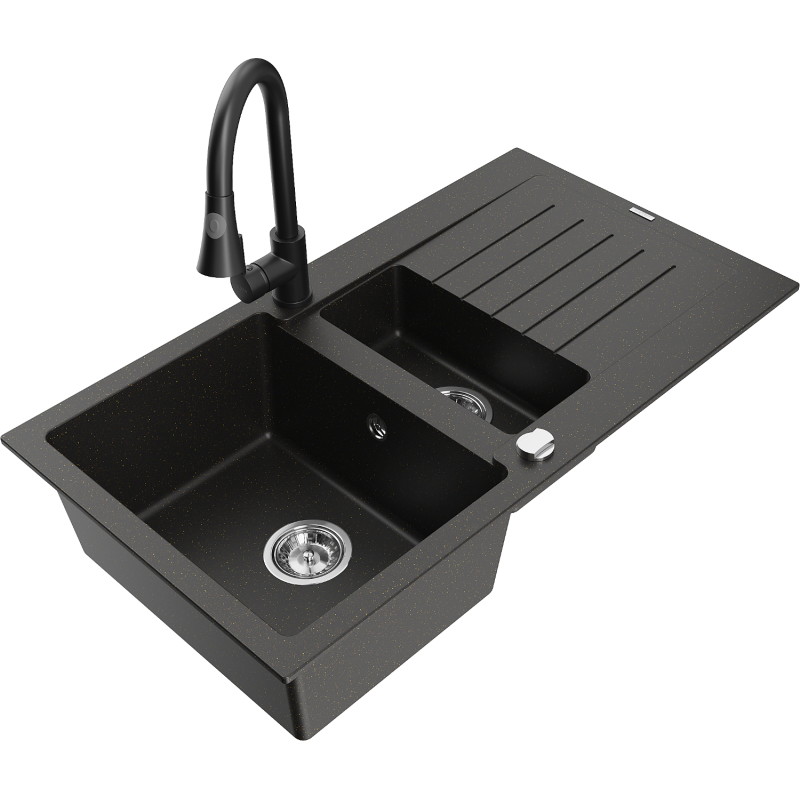Mexen Matias granite sink 1.5-bowl with drainer and kitchen faucet Elia, black/gold metallic - 6502-75-670101-70
