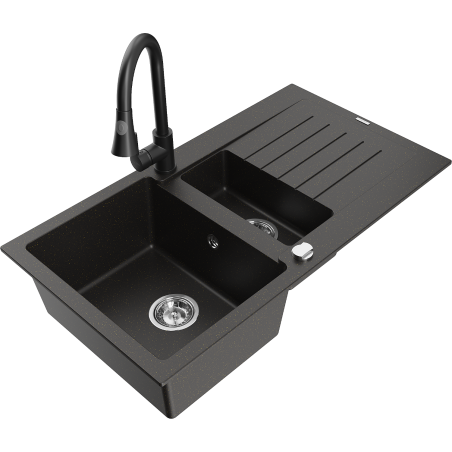 Mexen Matias granite sink 1.5-bowl with drainer and kitchen faucet Elia, black/gold metallic - 6502-75-670101-70
